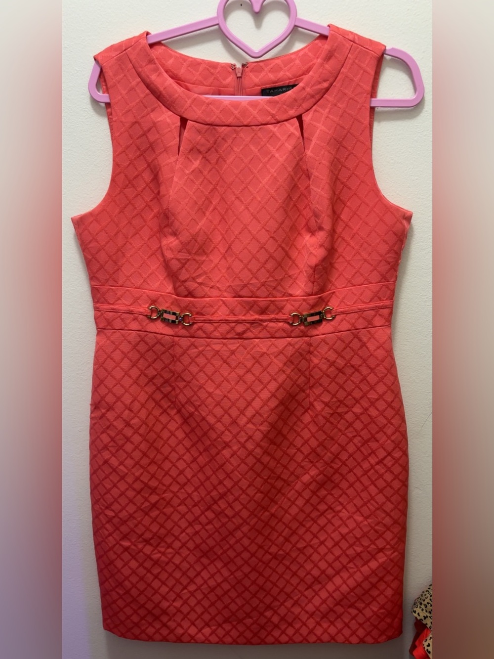 TAHARI LEVINE, Coral Quilted Sleeveless Mini Dress with Gold Accents